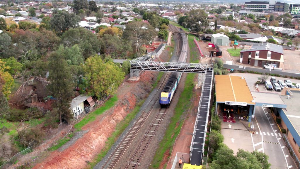 Aerial view of First Scaff temporary pedestrian bridge over the rail corridor at Cassidy Parade, Wagga Wagga