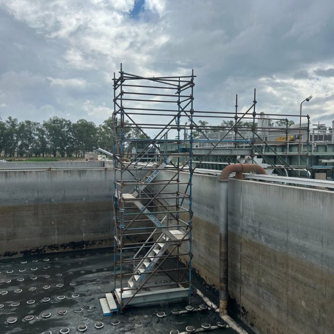 First Scaff stretcher stair tower inside a digester at Wodonga Wastewater Treatment Plant