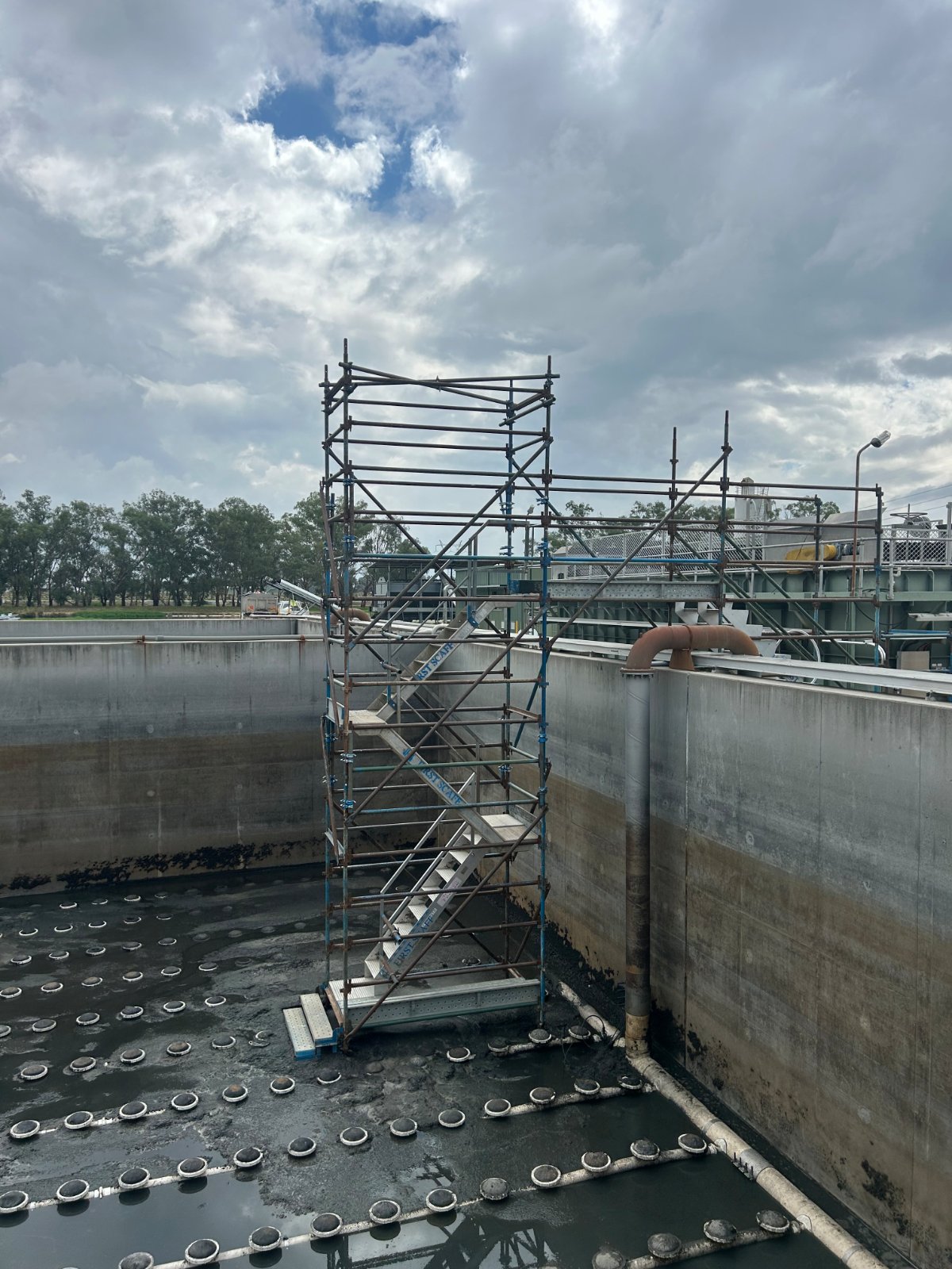 First Scaff stretcher stair tower inside a digester at Wodonga Wastewater Treatment Plant